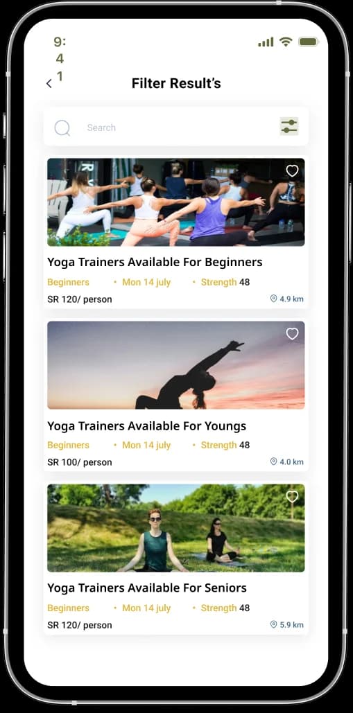 My Yogi app showing yoga class filter results on a smartphone
