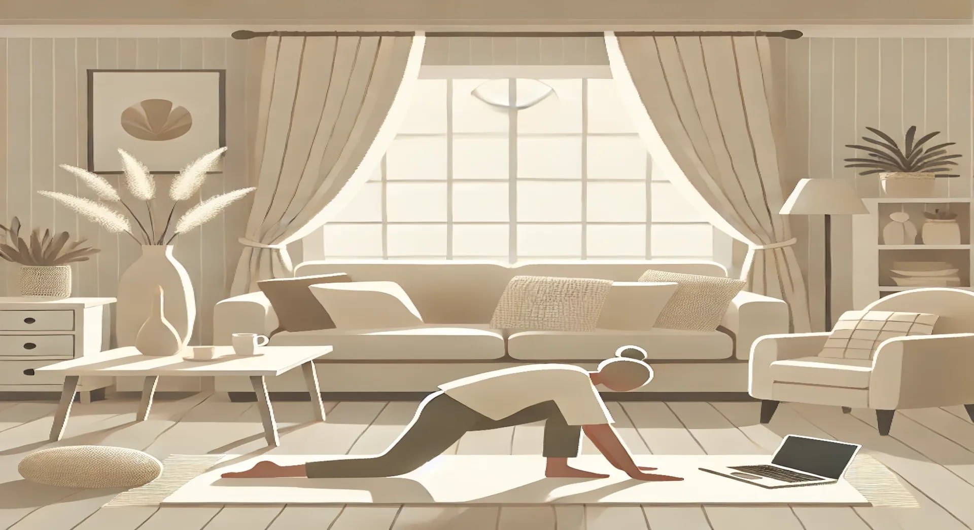 Illustration of a woman practicing yoga at home with a laptop