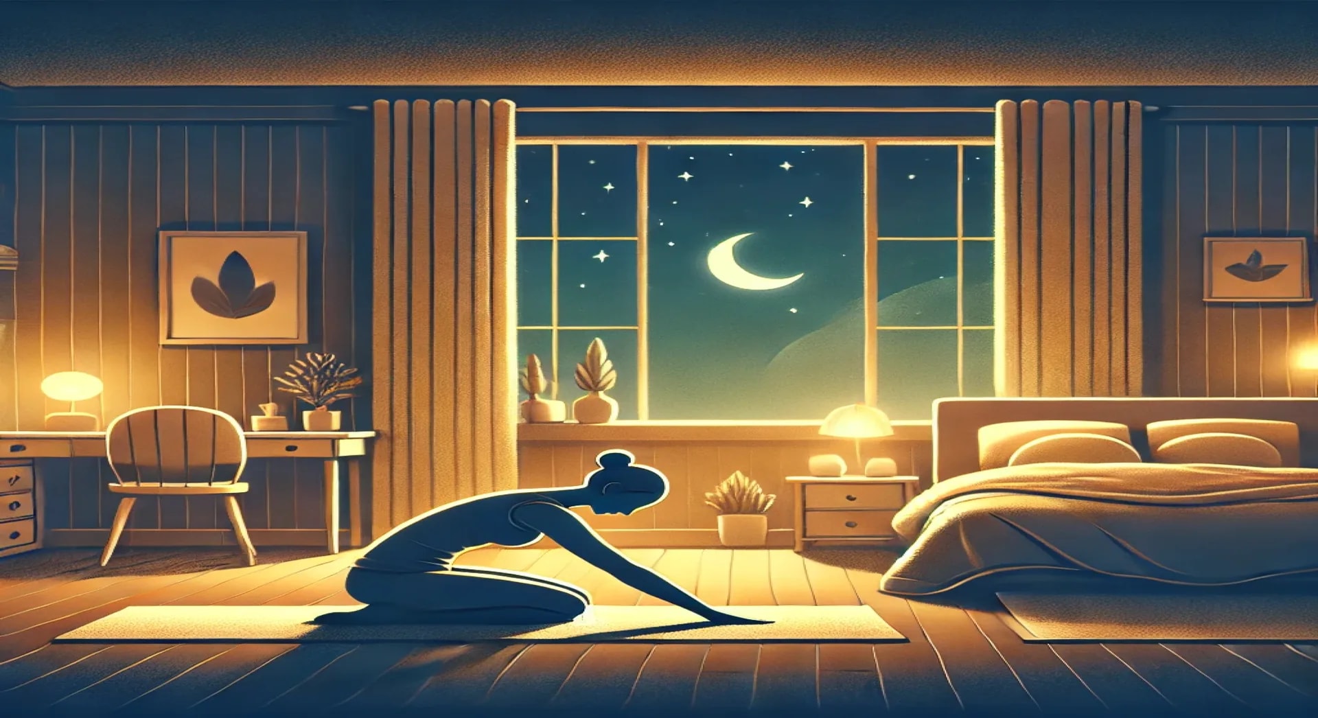 Illustration of a person practicing yoga in a cozy bedroom at night