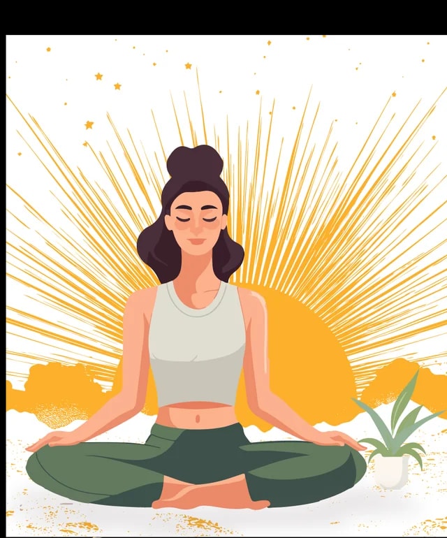Illustration of a woman meditating with a radiant sun behind her