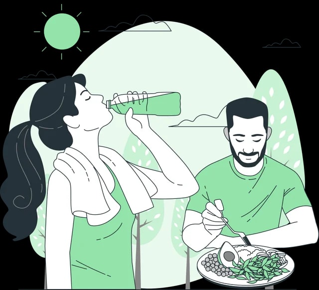 Illustration of a woman hydrating and a man enjoying a healthy meal outdoors
