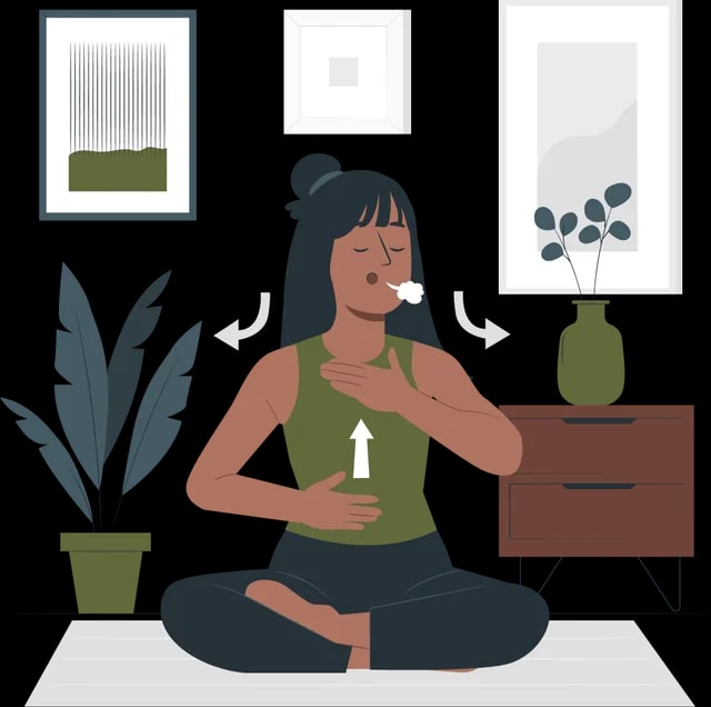 Illustration of a woman practicing breathing exercises while seated on a yoga mat