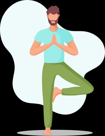 Illustration of a man performing tree pose with hands in prayer position